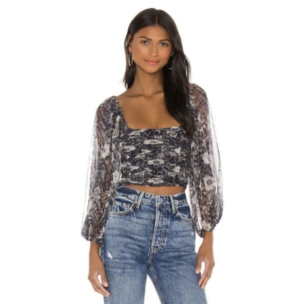 Free People Lilia Top Peasant Smocked Crop Sheer Sleeves Size XS